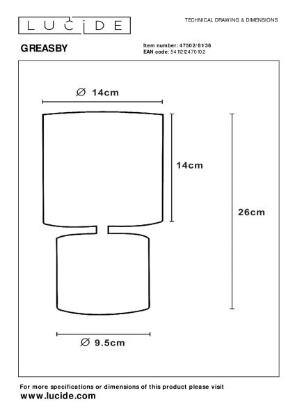 Lucide GREASBY - Lámpara de mesa - Ø 14 cm - 1xE14 - Gris - técnico